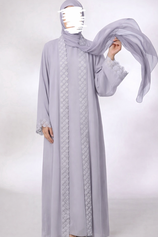 Lace Abaya Set β Silver Grey | Hafsa & Co