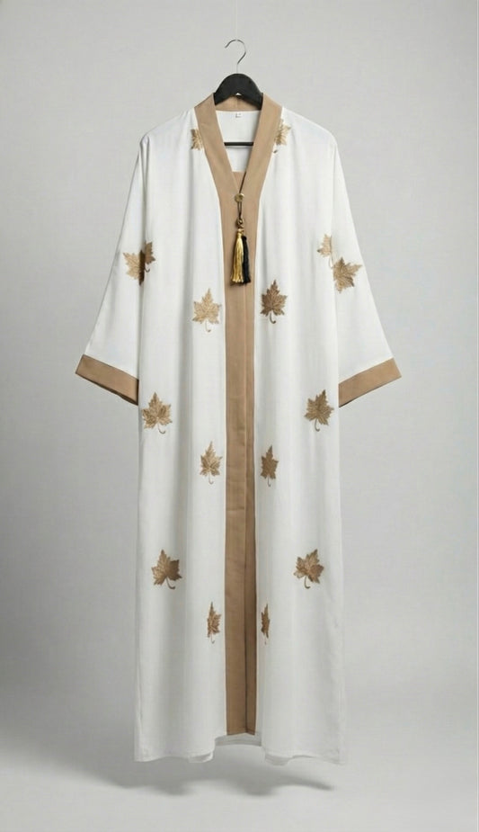 🤍 White Maple Leaf Embroidered Abaya | Elegant
Modest Wear | Free UK Shipping