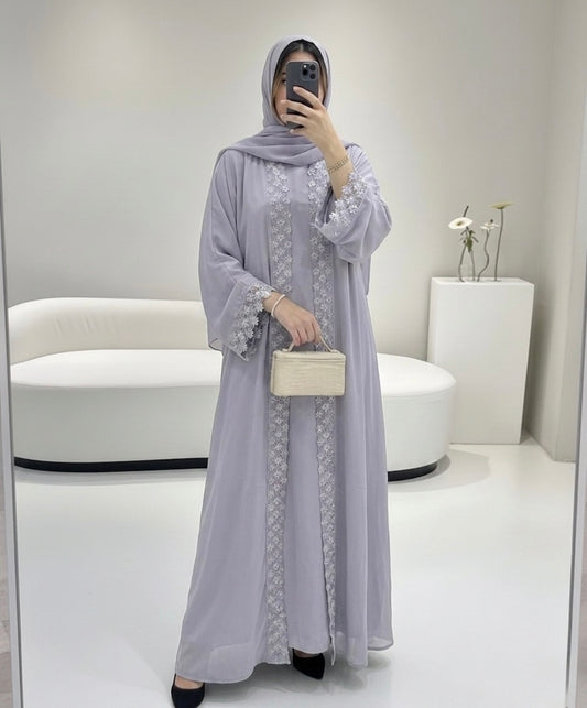 Lace Abaya Set — Silver Grey | Hafsa & Co