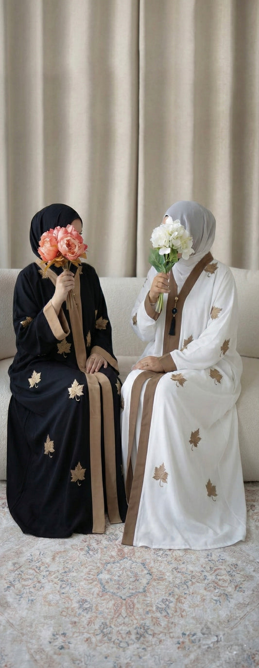 🤍 White Maple Leaf Embroidered Abaya | Elegant
Modest Wear | Free UK Shipping