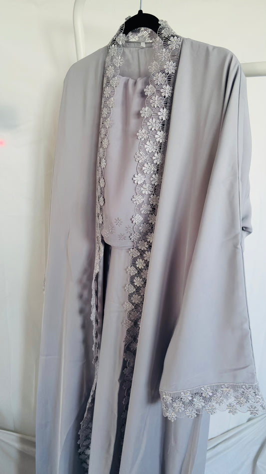 Lace Abaya Set — Silver Grey | Hafsa & Co